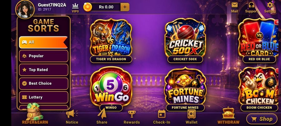3Patti Aura lobby screen showing the Tiger vs Dragon, Cricket 500X, WinGo, Fortune Mines and Boom Chicken game tiles