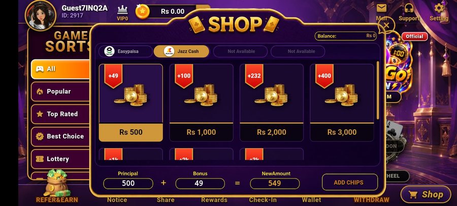 3Patti Aura recharge screen showing JazzCash and EasyPaisa top-up options