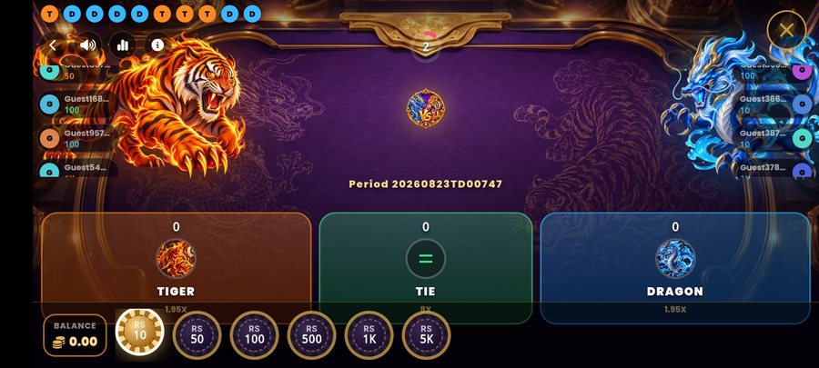 3Patti Aura Tiger vs Dragon table screenshot with animated tiger and dragon table skin