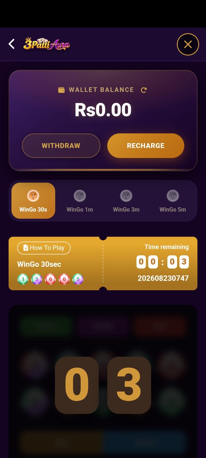 3Patti Aura wallet screen with balance, withdraw and recharge buttons, and the WinGo timer tabs